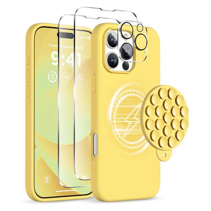 For iPhone 16 Pro Max Silicone Suction Cup MagSafe Phone Case with Screen Film & Lens Film(Yellow) - iPhone 16 Pro Max Cases by buy2fix | Online Shopping UK | buy2fix