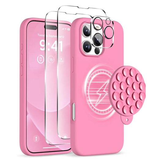 For iPhone 16 Pro Max Silicone Suction Cup MagSafe Phone Case with Screen Film & Lens Film(Soft Pink) - iPhone 16 Pro Max Cases by buy2fix | Online Shopping UK | buy2fix