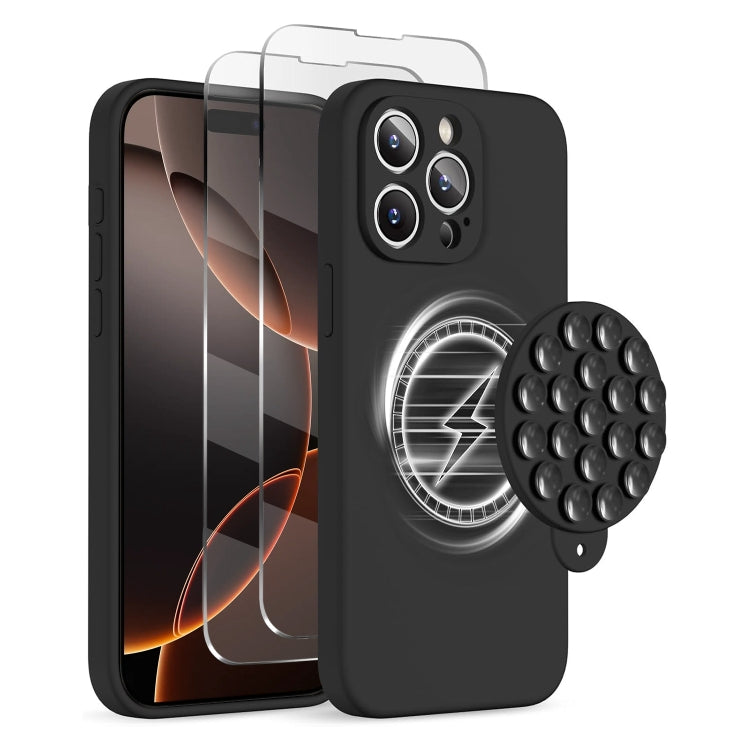 For iPhone 16 Pro Silicone Suction Cup MagSafe Phone Case with Screen Film(Black) - iPhone 16 Pro Cases by buy2fix | Online Shopping UK | buy2fix