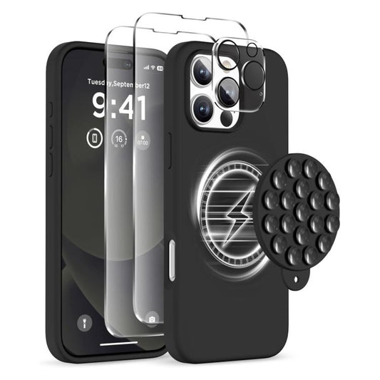 For iPhone 16 Pro Silicone Suction Cup MagSafe Phone Case with Screen Film & Lens Film(Black) - iPhone 16 Pro Cases by buy2fix | Online Shopping UK | buy2fix