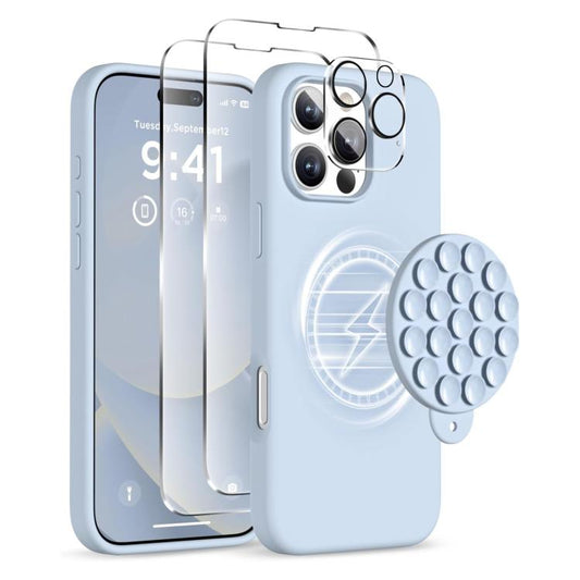 For iPhone 16 Pro Silicone Suction Cup MagSafe Phone Case with Screen Film & Lens Film(Sierra Blue) - iPhone 16 Pro Cases by buy2fix | Online Shopping UK | buy2fix