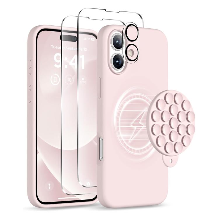 For iPhone 16 Plus Silicone Suction Cup MagSafe Phone Case with Screen Film & Lens Film(Pink) - iPhone 16 Plus Cases by buy2fix | Online Shopping UK | buy2fix