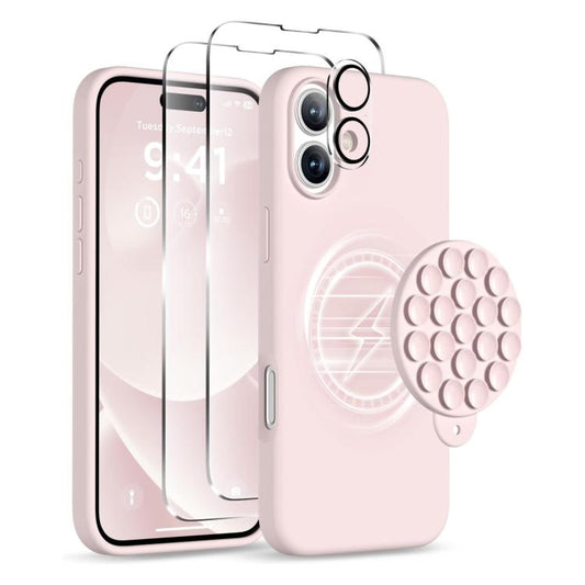 For iPhone 16 Plus Silicone Suction Cup MagSafe Phone Case with Screen Film & Lens Film(Pink) - iPhone 16 Plus Cases by buy2fix | Online Shopping UK | buy2fix