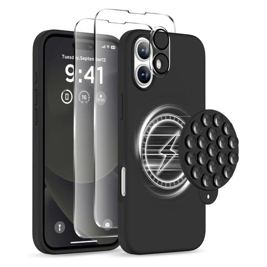 For iPhone 16 Plus Silicone Suction Cup MagSafe Phone Case with Screen Film & Lens Film(Black) - iPhone 16 Plus Cases by buy2fix | Online Shopping UK | buy2fix