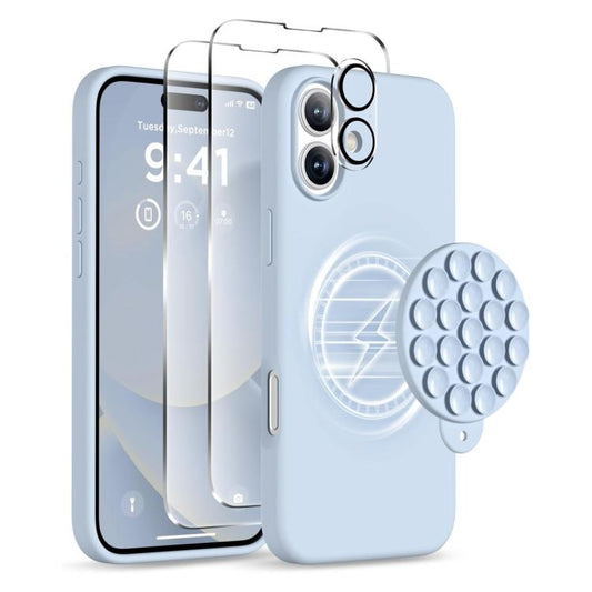 For iPhone 16 Plus Silicone Suction Cup MagSafe Phone Case with Screen Film & Lens Film(Sierra Blue) - iPhone 16 Plus Cases by buy2fix | Online Shopping UK | buy2fix