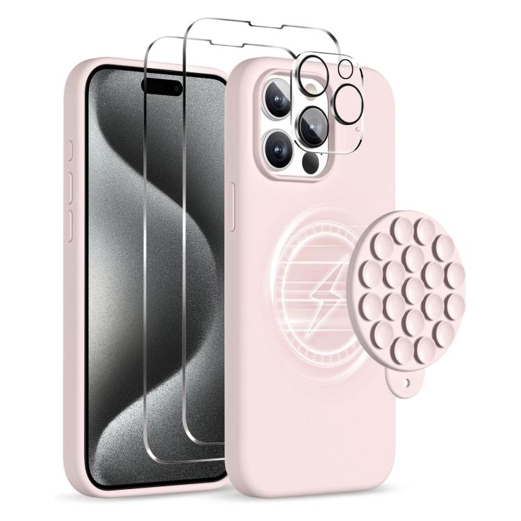 For iPhone 15 Pro Silicone Suction Cup MagSafe Phone Case with Screen Film & Lens Film(Pink) - iPhone 15 Pro Cases by buy2fix | Online Shopping UK | buy2fix