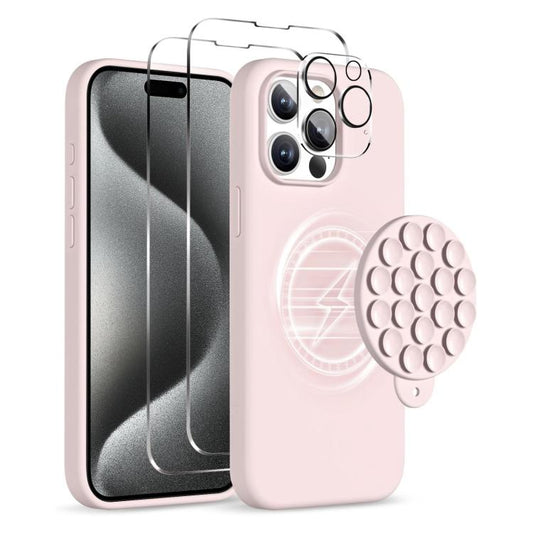 For iPhone 15 Pro Silicone Suction Cup MagSafe Phone Case with Screen Film & Lens Film(Pink) - iPhone 15 Pro Cases by buy2fix | Online Shopping UK | buy2fix