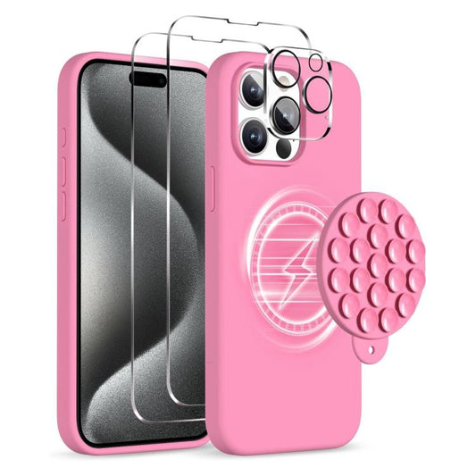 For iPhone 15 Pro Silicone Suction Cup MagSafe Phone Case with Screen Film & Lens Film(Soft Pink) - iPhone 15 Pro Cases by buy2fix | Online Shopping UK | buy2fix