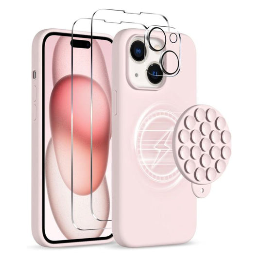 For iPhone 15 Plus Silicone Suction Cup MagSafe Phone Case with Screen Film & Lens Film(Pink) - iPhone 15 Plus Cases by buy2fix | Online Shopping UK | buy2fix