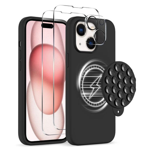 For iPhone 15 Silicone Suction Cup MagSafe Phone Case with Screen Film & Lens Film(Black) - iPhone 15 Cases by buy2fix | Online Shopping UK | buy2fix