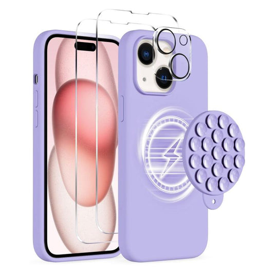 For iPhone 15 Silicone Suction Cup MagSafe Phone Case with Screen Film & Lens Film(Purple) - iPhone 15 Cases by buy2fix | Online Shopping UK | buy2fix
