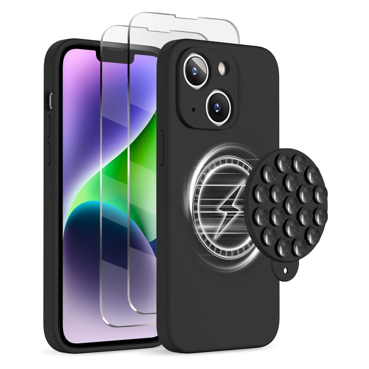 For iPhone 14 Plus Silicone Suction Cup MagSafe Phone Case with Screen Film(Black) - iPhone 14 Plus Cases by buy2fix | Online Shopping UK | buy2fix
