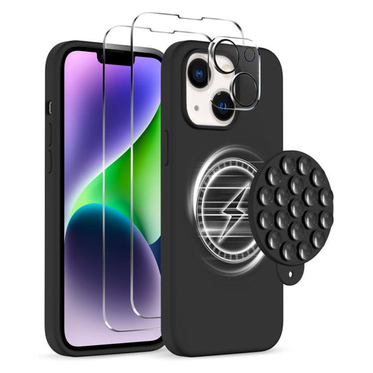 For iPhone 14 Plus Silicone Suction Cup MagSafe Phone Case with Screen Film & Lens Film(Black) - iPhone 14 Plus Cases by buy2fix | Online Shopping UK | buy2fix