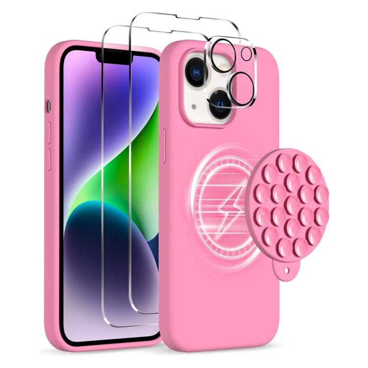 For iPhone 14 Silicone Suction Cup MagSafe Phone Case with Screen Film & Lens Film(Soft Pink) - iPhone 14 Cases by buy2fix | Online Shopping UK | buy2fix