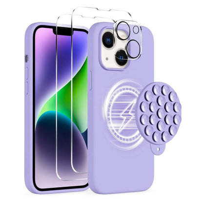 For iPhone 14 Silicone Suction Cup MagSafe Phone Case with Screen Film & Lens Film(Purple) - iPhone 14 Cases by buy2fix | Online Shopping UK | buy2fix