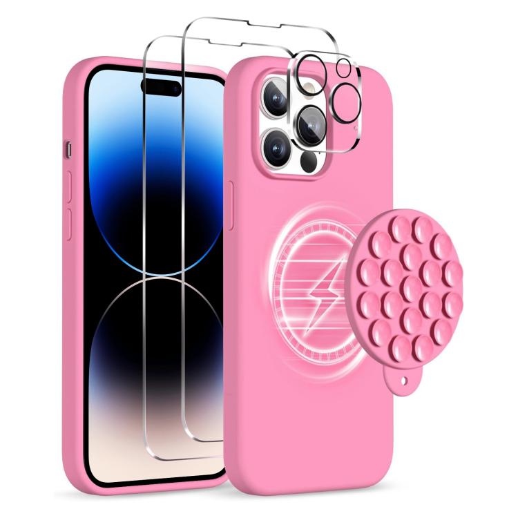 For iPhone 14 Pro Silicone Suction Cup MagSafe Phone Case with Screen Film & Lens Film(Soft Pink) - iPhone 14 Pro Cases by buy2fix | Online Shopping UK | buy2fix