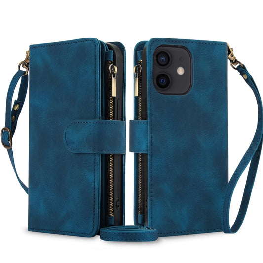 For iPhone 12 Dream 9-Card Zipper Wallet RFID Leather Phone Case with Lanyard(Blue) - iPhone 12 / 12 Pro Cases by buy2fix | Online Shopping UK | buy2fix