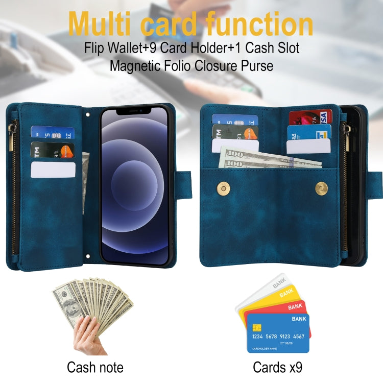 For iPhone 12 Dream 9-Card Zipper Wallet RFID Leather Phone Case with Lanyard(Blue) - iPhone 12 / 12 Pro Cases by buy2fix | Online Shopping UK | buy2fix