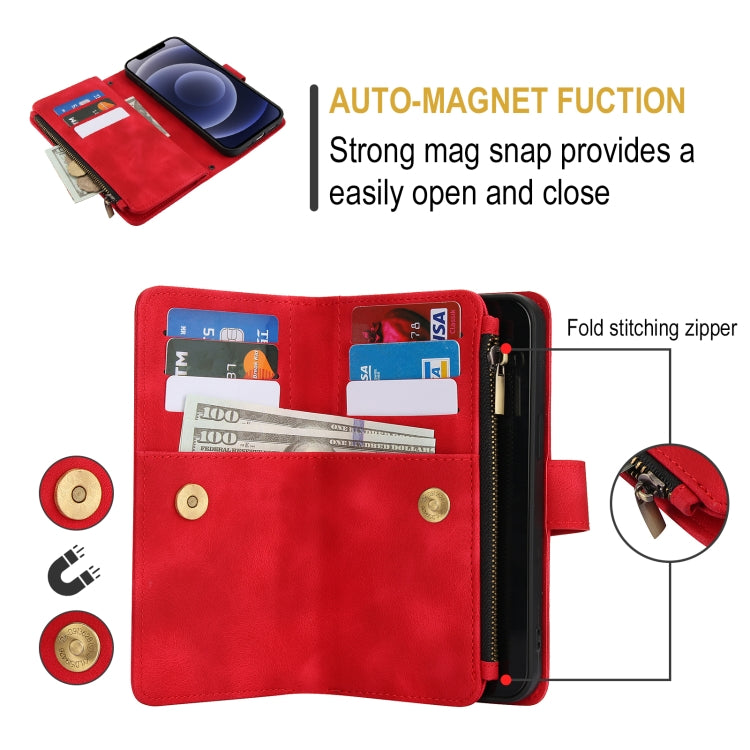 For iPhone 12 Dream 9-Card Zipper Wallet RFID Leather Phone Case with Lanyard(Red) - iPhone 12 / 12 Pro Cases by buy2fix | Online Shopping UK | buy2fix