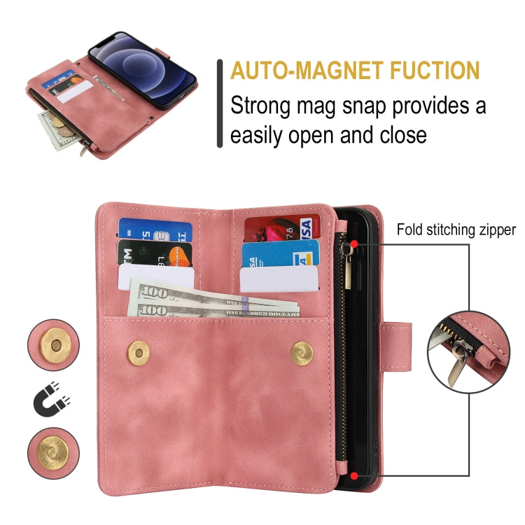 For iPhone 12 Dream 9-Card Zipper Wallet RFID Leather Phone Case with Lanyard(Rose Gold) - iPhone 12 / 12 Pro Cases by buy2fix | Online Shopping UK | buy2fix