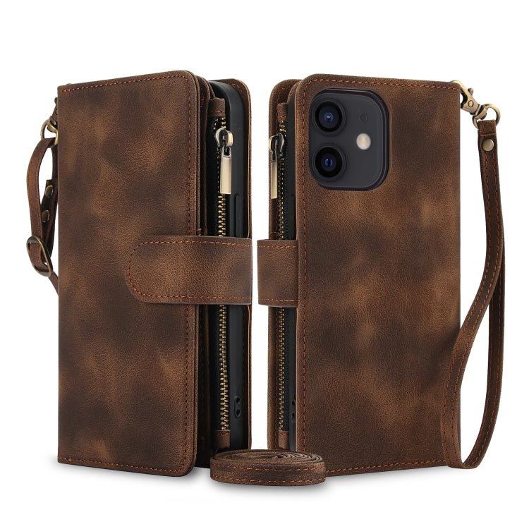For iPhone 12 Dream 9-Card Zipper Wallet RFID Leather Phone Case with Lanyard(Brown) - iPhone 12 / 12 Pro Cases by buy2fix | Online Shopping UK | buy2fix