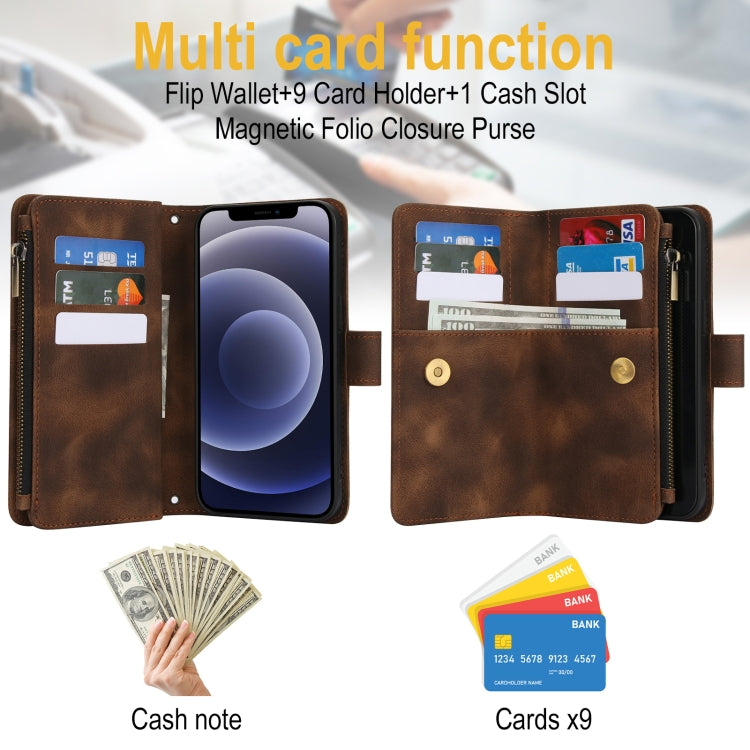 For iPhone 12 Dream 9-Card Zipper Wallet RFID Leather Phone Case with Lanyard(Brown) - iPhone 12 / 12 Pro Cases by buy2fix | Online Shopping UK | buy2fix