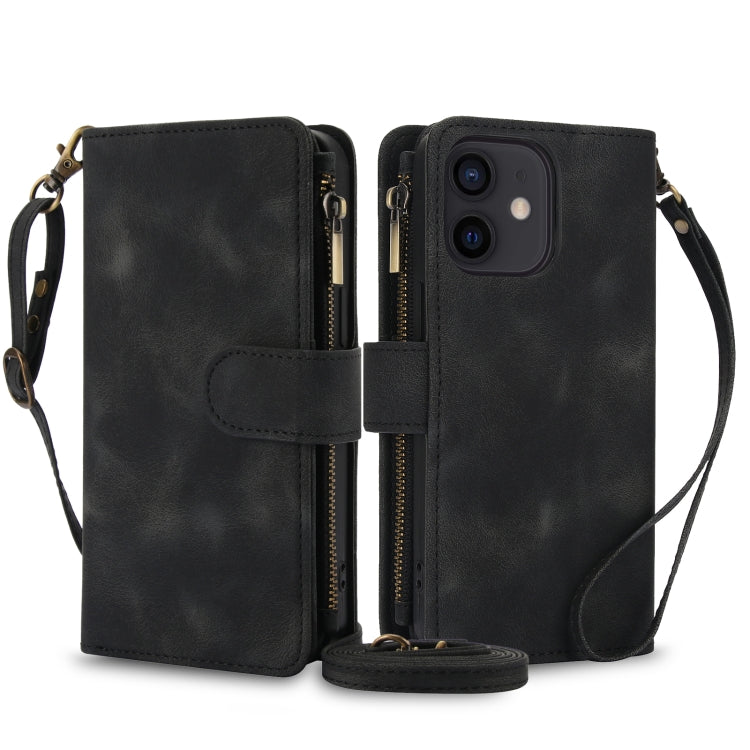 For iPhone 12 Dream 9-Card Zipper Wallet RFID Leather Phone Case with Lanyard(Black) - iPhone 12 / 12 Pro Cases by buy2fix | Online Shopping UK | buy2fix