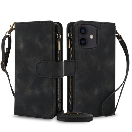 For iPhone 12 Dream 9-Card Zipper Wallet RFID Leather Phone Case with Lanyard(Black) - iPhone 12 / 12 Pro Cases by buy2fix | Online Shopping UK | buy2fix