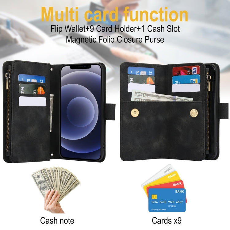 For iPhone 12 Dream 9-Card Zipper Wallet RFID Leather Phone Case with Lanyard(Black) - iPhone 12 / 12 Pro Cases by buy2fix | Online Shopping UK | buy2fix