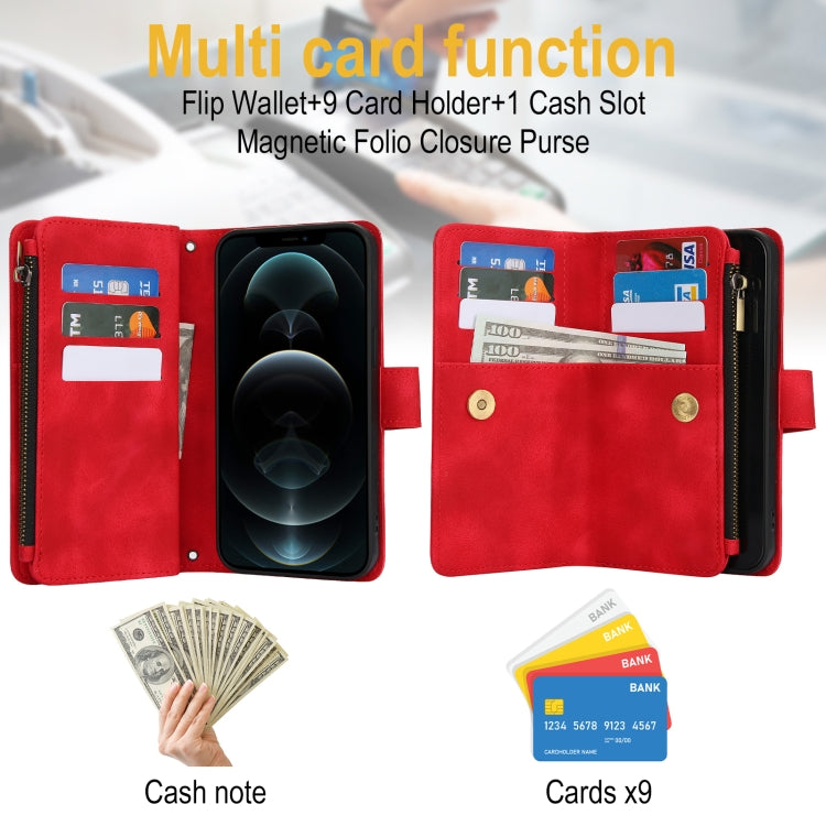 For iPhone 12 Pro Max Dream 9-Card Zipper Wallet RFID Leather Phone Case with Lanyard(Red) - iPhone 12 Pro Max Cases by buy2fix | Online Shopping UK | buy2fix