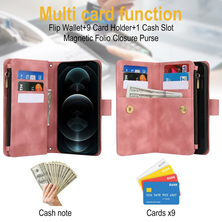 For iPhone 12 Pro Max Dream 9-Card Zipper Wallet RFID Leather Phone Case with Lanyard(Rose Gold) - iPhone 12 Pro Max Cases by buy2fix | Online Shopping UK | buy2fix