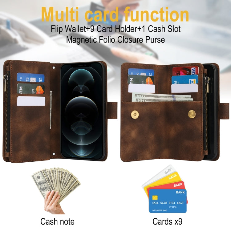 For iPhone 12 Pro Max Dream 9-Card Zipper Wallet RFID Leather Phone Case with Lanyard(Brown) - iPhone 12 Pro Max Cases by buy2fix | Online Shopping UK | buy2fix