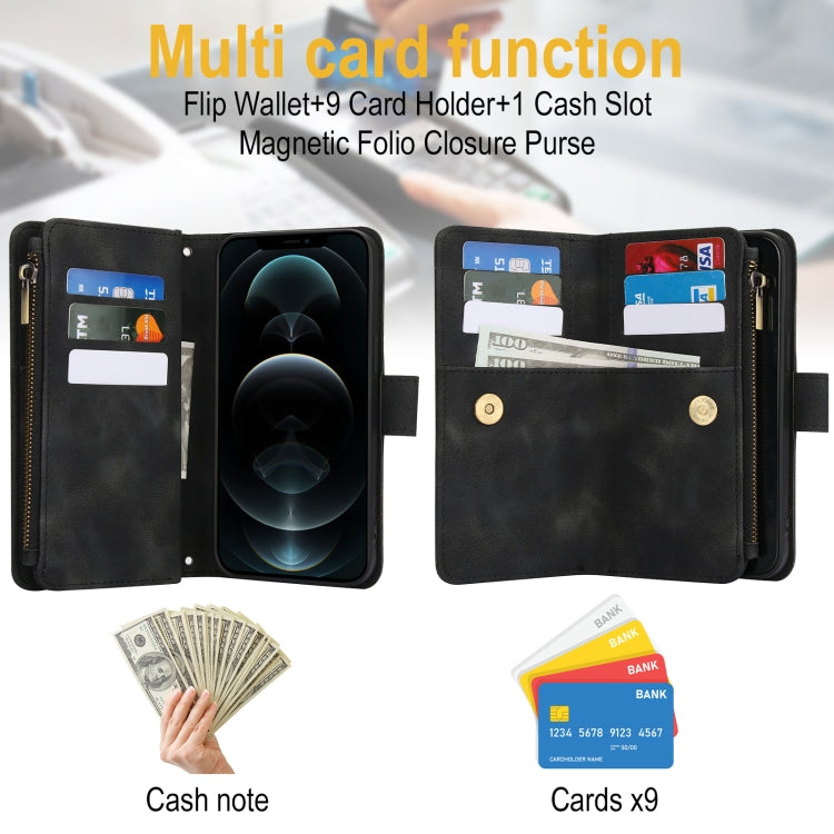 For iPhone 12 Pro Max Dream 9-Card Zipper Wallet RFID Leather Phone Case with Lanyard(Black) - iPhone 12 Pro Max Cases by buy2fix | Online Shopping UK | buy2fix