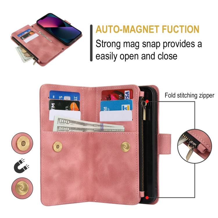 For iPhone 14 Dream 9-Card Zipper Wallet RFID Leather Phone Case with Lanyard(Rose Gold) - iPhone 14 Cases by buy2fix | Online Shopping UK | buy2fix