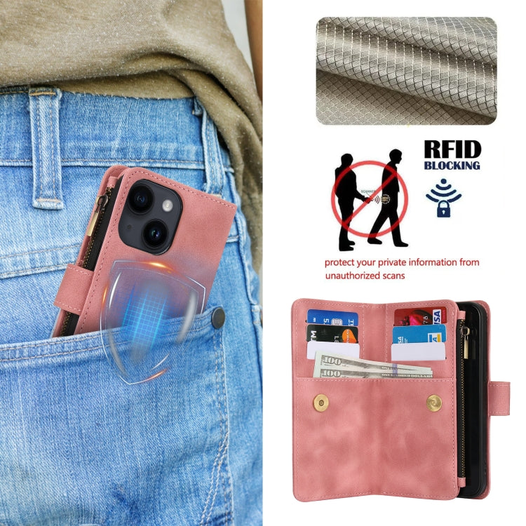 For iPhone 14 Dream 9-Card Zipper Wallet RFID Leather Phone Case with Lanyard(Rose Gold) - iPhone 14 Cases by buy2fix | Online Shopping UK | buy2fix