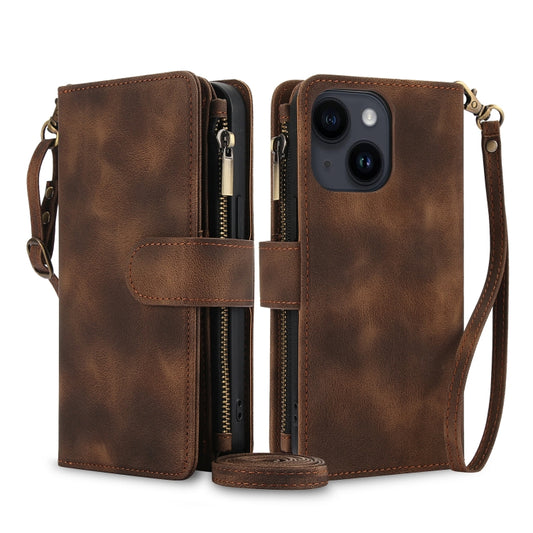 For iPhone 14 Dream 9-Card Zipper Wallet RFID Leather Phone Case with Lanyard(Brown) - iPhone 14 Cases by buy2fix | Online Shopping UK | buy2fix