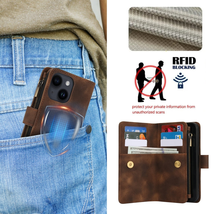 For iPhone 14 Dream 9-Card Zipper Wallet RFID Leather Phone Case with Lanyard(Brown) - iPhone 14 Cases by buy2fix | Online Shopping UK | buy2fix