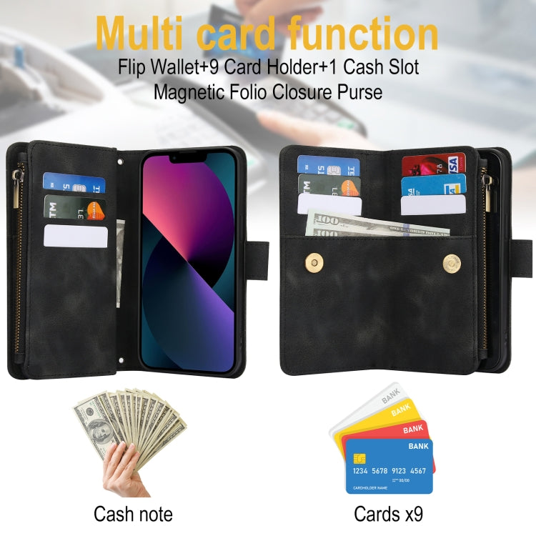 For iPhone 14 Dream 9-Card Zipper Wallet RFID Leather Phone Case with Lanyard(Black) - iPhone 14 Cases by buy2fix | Online Shopping UK | buy2fix