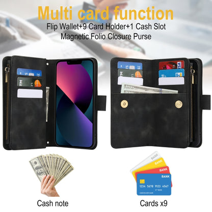 For iPhone 14 Dream 9-Card Zipper Wallet RFID Leather Phone Case with Lanyard(Black) - iPhone 14 Cases by buy2fix | Online Shopping UK | buy2fix