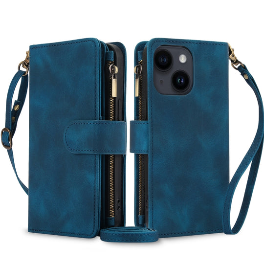 For iPhone 15 Dream 9-Card Zipper Wallet RFID Leather Phone Case with Lanyard(Blue)