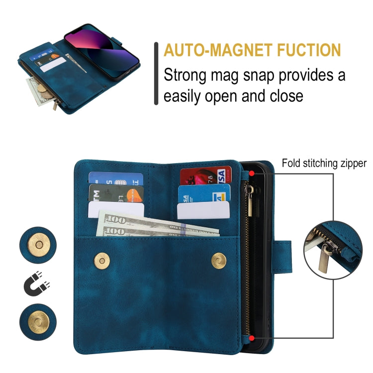 For iPhone 15 Dream 9-Card Zipper Wallet RFID Leather Phone Case with Lanyard(Blue) - iPhone 15 Cases by buy2fix | Online Shopping UK | buy2fix