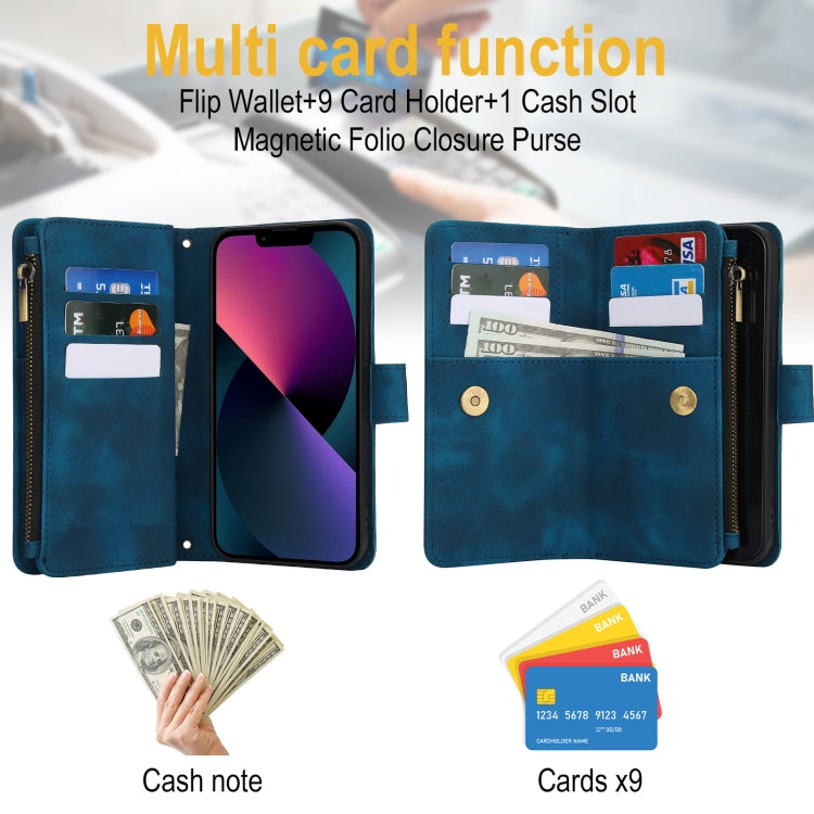 For iPhone 15 Dream 9-Card Zipper Wallet RFID Leather Phone Case with Lanyard(Blue) - iPhone 15 Cases by buy2fix | Online Shopping UK | buy2fix