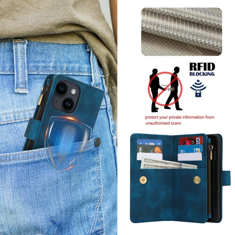 For iPhone 15 Dream 9-Card Zipper Wallet RFID Leather Phone Case with Lanyard(Blue) - iPhone 15 Cases by buy2fix | Online Shopping UK | buy2fix