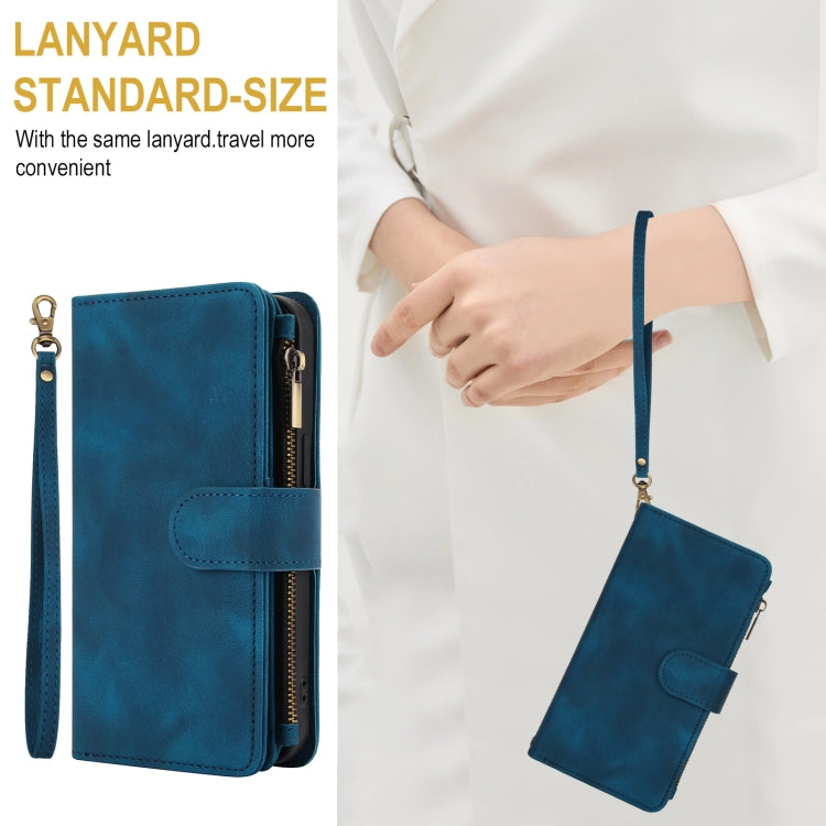 For iPhone 15 Dream 9-Card Zipper Wallet RFID Leather Phone Case with Lanyard(Blue) - iPhone 15 Cases by buy2fix | Online Shopping UK | buy2fix