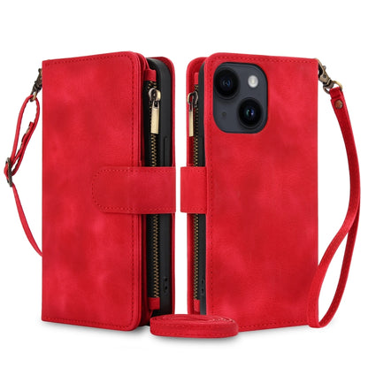 For iPhone 15 Dream 9-Card Zipper Wallet RFID Leather Phone Case with Lanyard(Red) - iPhone 15 Cases by buy2fix | Online Shopping UK | buy2fix