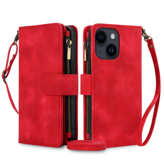 For iPhone 15 Dream 9-Card Zipper Wallet RFID Leather Phone Case with Lanyard(Red)