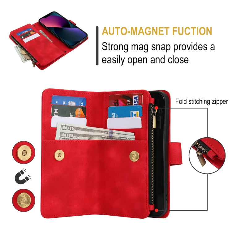 For iPhone 15 Dream 9-Card Zipper Wallet RFID Leather Phone Case with Lanyard(Red) - iPhone 15 Cases by buy2fix | Online Shopping UK | buy2fix