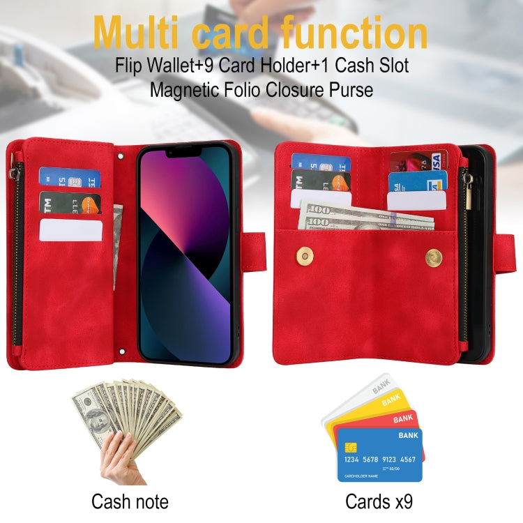 For iPhone 15 Dream 9-Card Zipper Wallet RFID Leather Phone Case with Lanyard(Red) - iPhone 15 Cases by buy2fix | Online Shopping UK | buy2fix