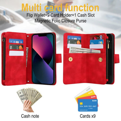 For iPhone 15 Dream 9-Card Zipper Wallet RFID Leather Phone Case with Lanyard(Red) - iPhone 15 Cases by buy2fix | Online Shopping UK | buy2fix
