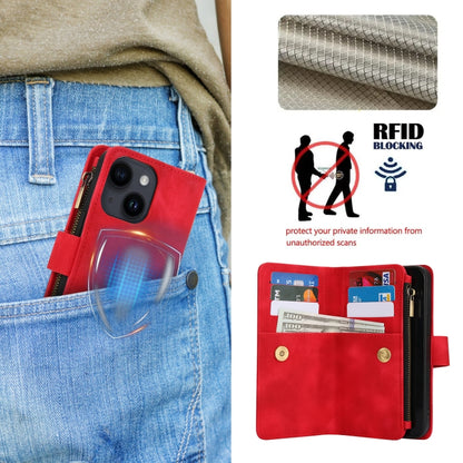 For iPhone 15 Dream 9-Card Zipper Wallet RFID Leather Phone Case with Lanyard(Red) - iPhone 15 Cases by buy2fix | Online Shopping UK | buy2fix